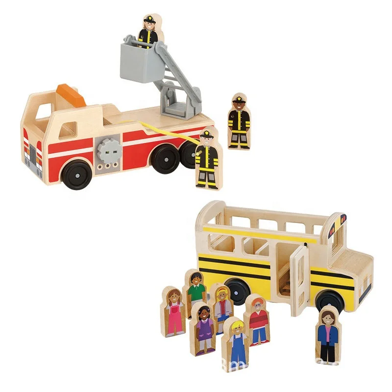 C02227 High quality toddler kids montessori wooden learning play set wooden school bus toys wooden pretend play toys