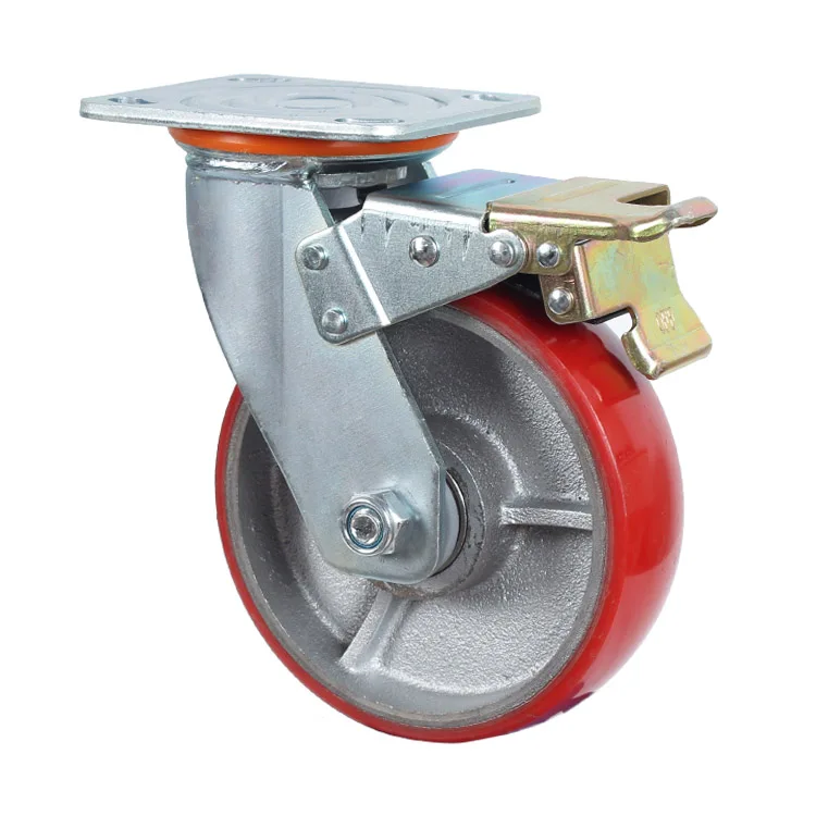 6 inch heavy duty industrial iron core polyurethane caster wheel with brake