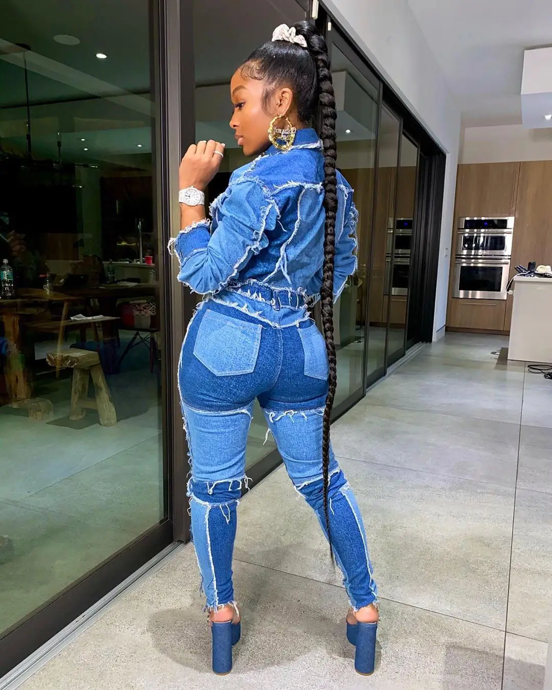 
Drop Shipping long pants Ladies two piece set denim suit jeans Patchwork cowboy women denim outfits Sexy Denim 2 Piece Sets 
