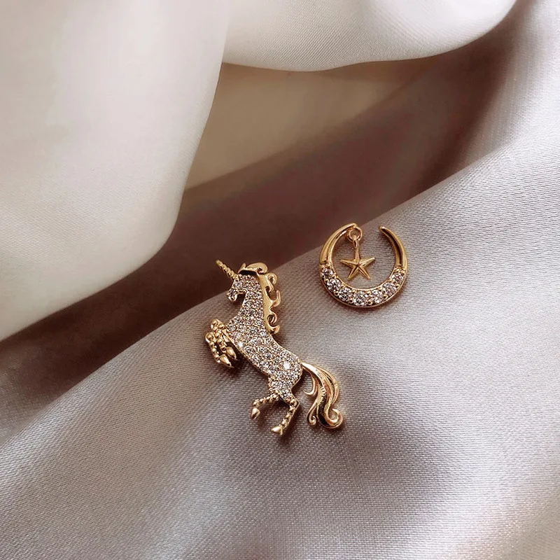 Factory Direct Sales New Animal Series Fashion Wild Pony Wings Moon Star Full Diamond Earrings Earrings Spot