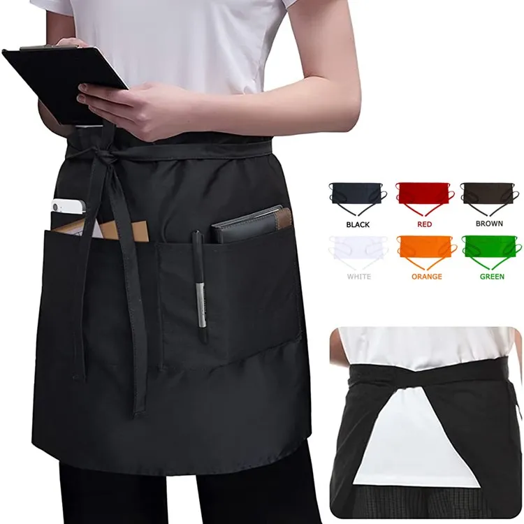 Waterproof Bartender Cotton Kitchen Bar Bistro Logo Waitress Short Waiter Waist Half Apron Chef Length Black for Cleaning 100pcs