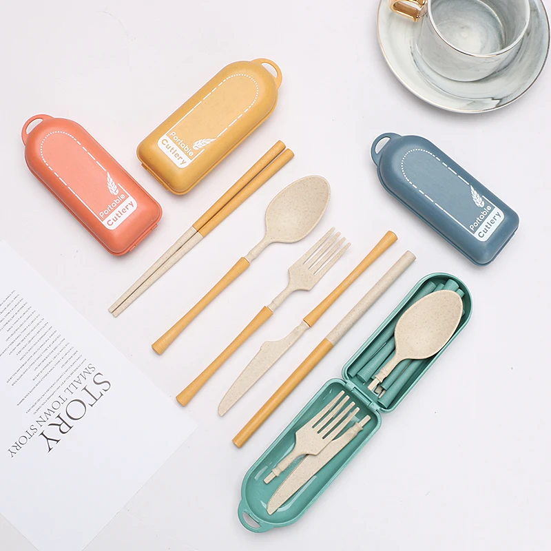 Eco friendly portable travel portable plastic flatware spoon fork chopsticks knife straw wheat straw cutlery