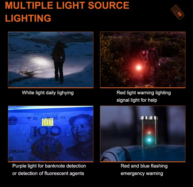 Multifunction EDC Flashlight with Red Blue UV Light Solar Powered Portable Lighting USB C Rechargeable LED Small Keychain Torch