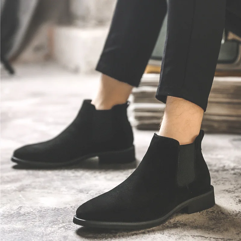 New Product Pointed Slip-on Winter Dress Shoes Pure Color Genuine Suede Leather Ankle Chelsea Boots For Men