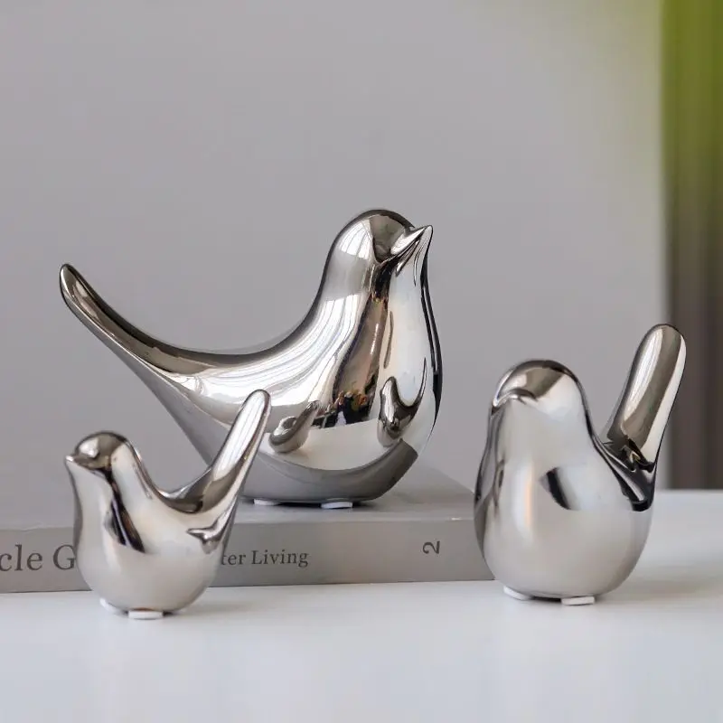 wholesale small animal crafts statues home table decors modern silver bird decorative sculpture ceramic bird figurines ornaments