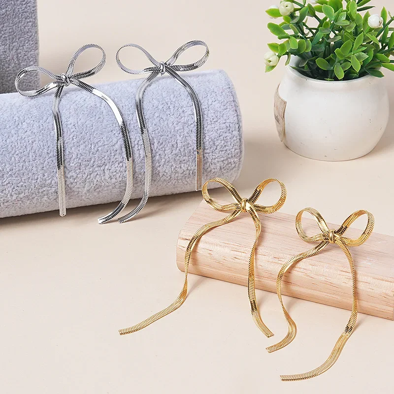 2024 New Trendy Elegant Statement Ribbon Fringe Waterfall Dangling Earrings 14k Gold Plated Bow Dangle Drop Tassel Earrings