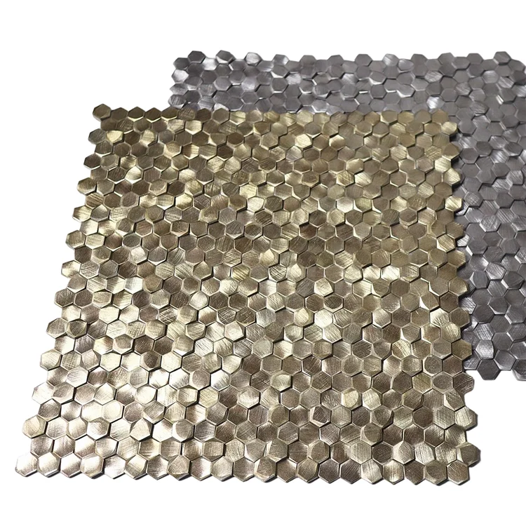Popular New Style 3D brushed Aluminum Interior Wall Tile Gold Hexagon Metal Mosaic