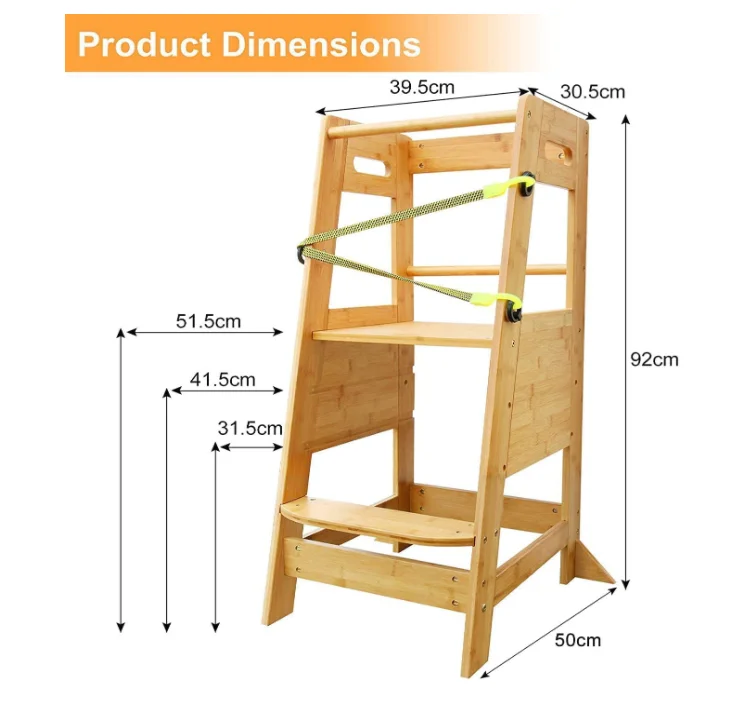 Kitchen Helper Stool for Toddlers, Bamboo Kids Learning Standing Step Tower with Adjustable Heights Platform and Safety Belt