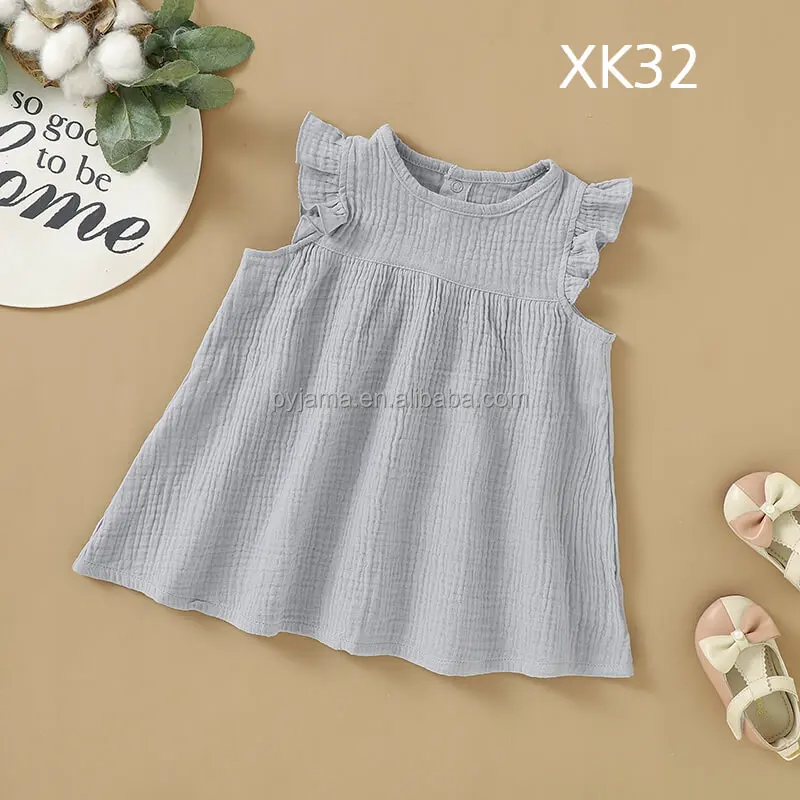 Frill Hem 100% Organic Cotton Muslin Sleeveless Baby Girls   Dress Skirt Dress