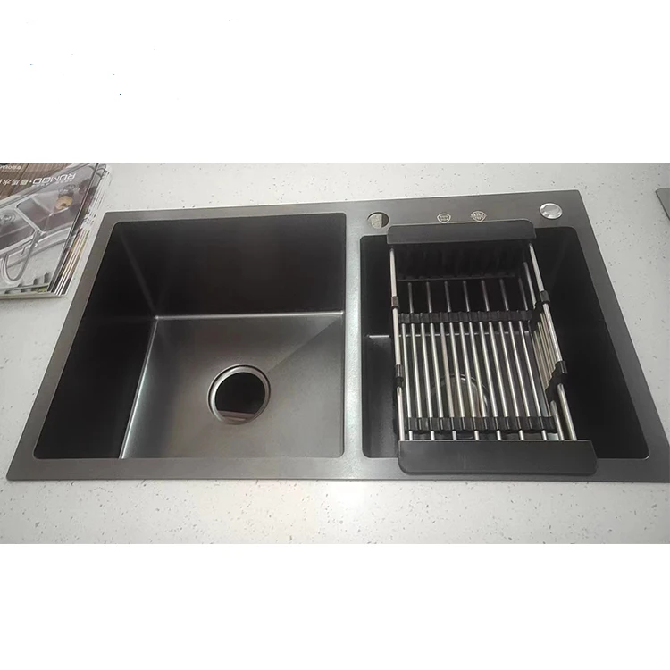 Kitchen Sink Stainless Steel Good Quality SUS Hand-made Double Bowl Nano Black OEM Modern Kitchen Spare Parts Brushed 8 Kgs