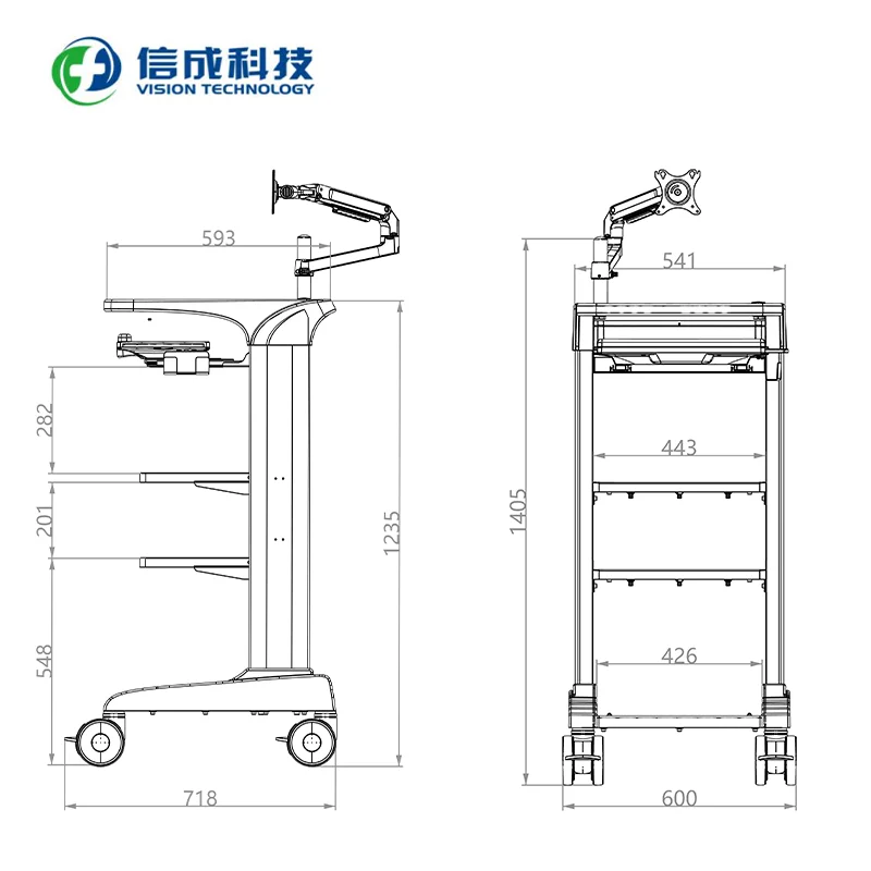 Medical cart manufacturer hospital OEM customized Endoscopy Cart With Swing Arm  Keyboard holder medical cart