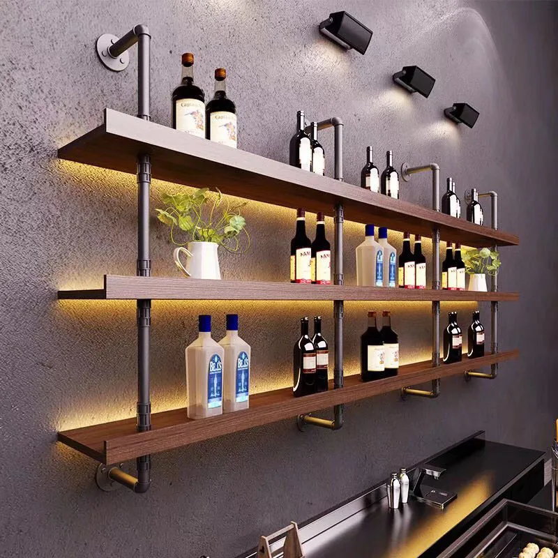 2023 Wholesale Custom Commercial Industrial Iron Nightclub Wet Bar Bistro Wall Mounted Wooden Wine Rack Display