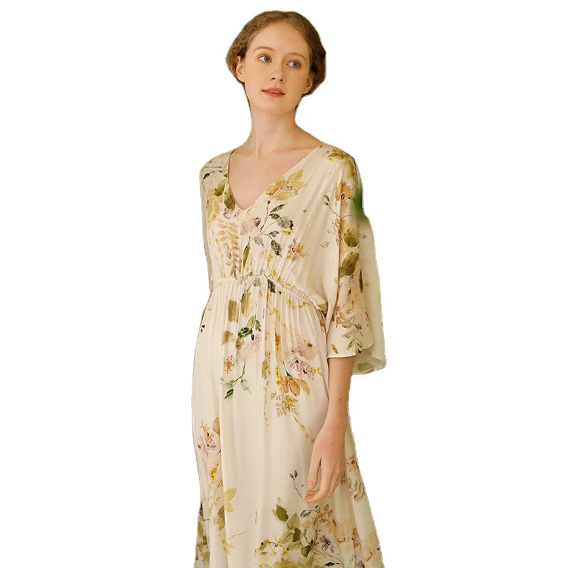 Summer Cool Breathable Classy Style Viscose Cotton Soft Neat Pajama Dress Nightgown