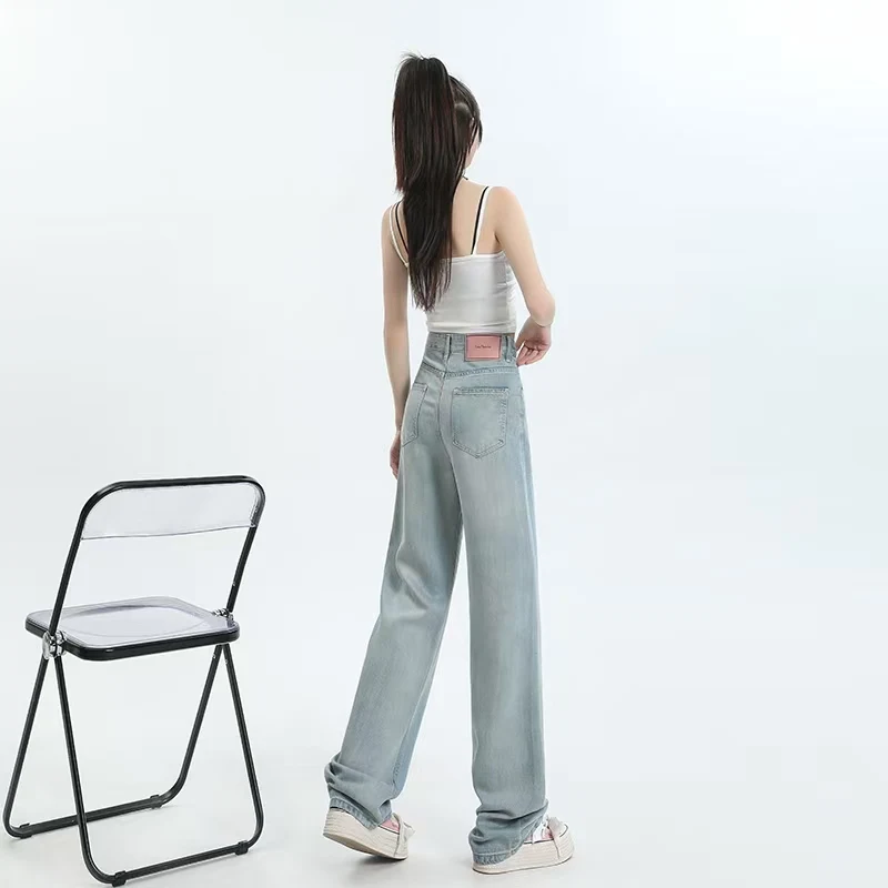 Summer 2024 new style  lyocell high-waist denim white color environmental grey blue  loose and long wide-leg pants