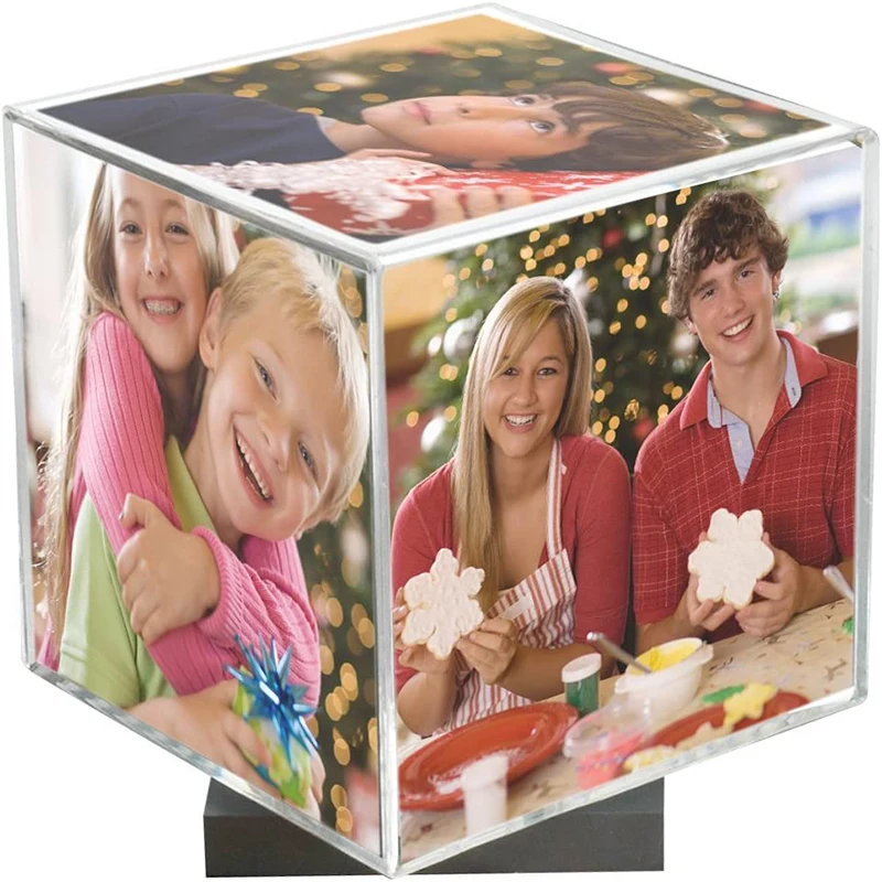 Custom Spinning Photo Cube with Black Base, holds 5 photos Rotatable Transparent Acrylic Photo Frame