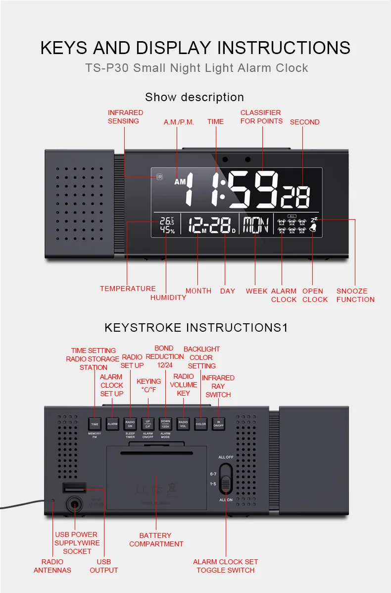 Mini smart alarm clock with FM radio temperature and humidity night light digital clock for desktop