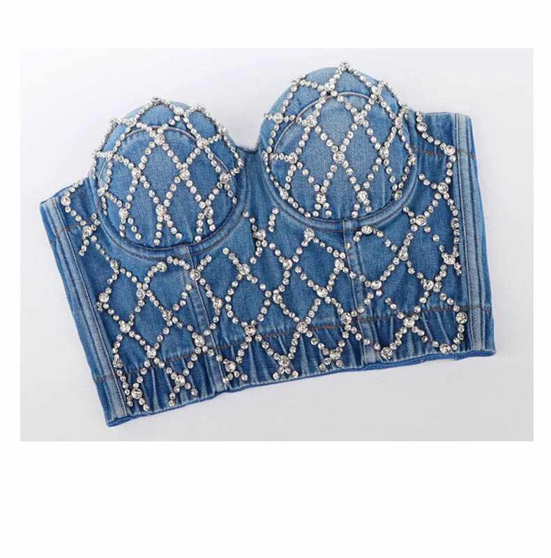 
Night Club Performance Clothes New Designer 2020 Rhinestone Short Navel Strap Denim Vest For Women 