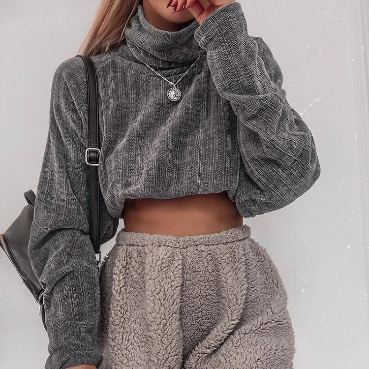 Женский Повседневный укороченный топ, модный вязаный однотонный свободный свитер с высоким воротником, новинка 2022