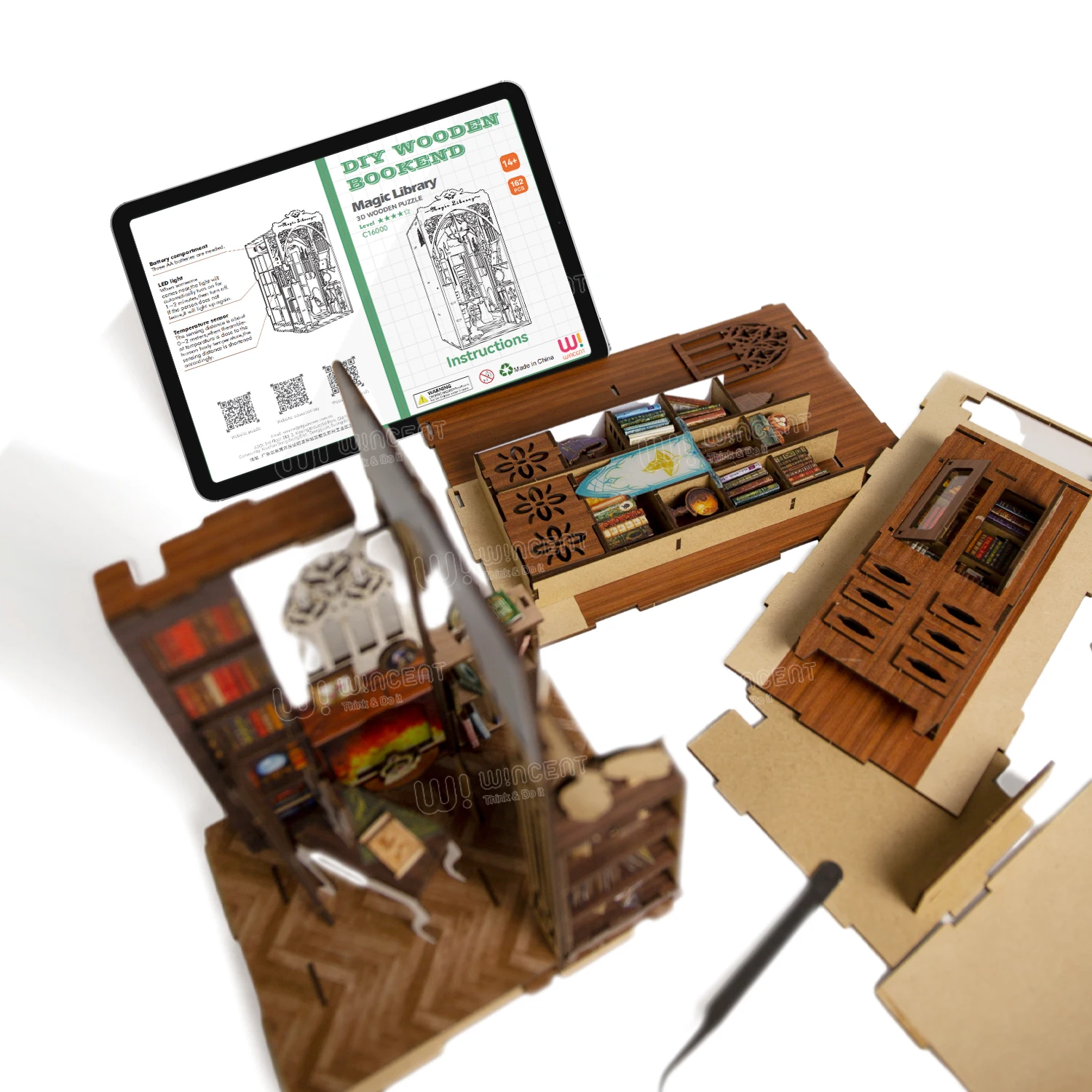 Body Sensor Light Wincent UV Printing design Miniature Doll house custom wooden models 3d puzzle jigsaw wooden book nook kit