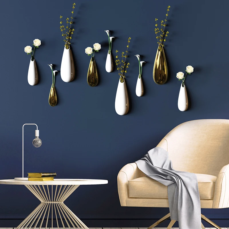 Light Luxury Creative Wall Hanging ceramic Vase Plated Gold Simple Hydroponics Bottle Porcelain Vases for Home Decor