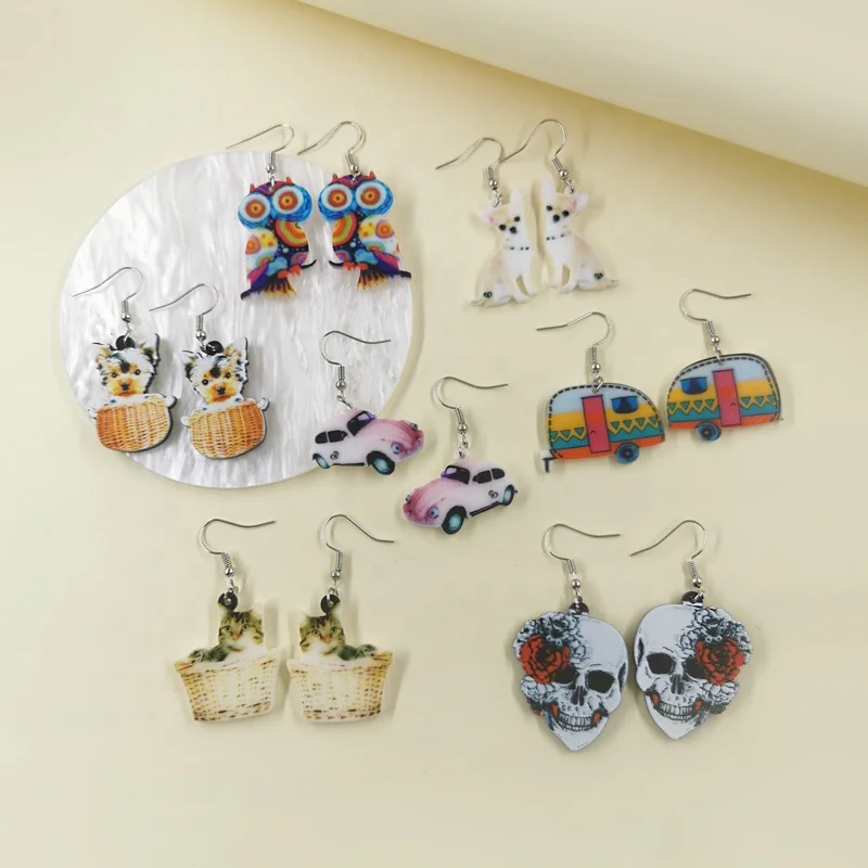 New Personality Skull Dog Kitten Car Pattern Colorful Graffiti Printed Acrylic Earrings For Women Hip-hop Funny Party Jewelry