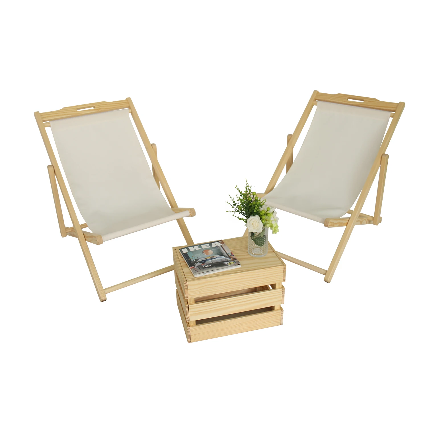 Новый продукт, складные пляжные шезлонги и стол, фабричное производство, деревянное холщовое складное Пляжное Кресло-слинг, деревянная уличная мебель для сада