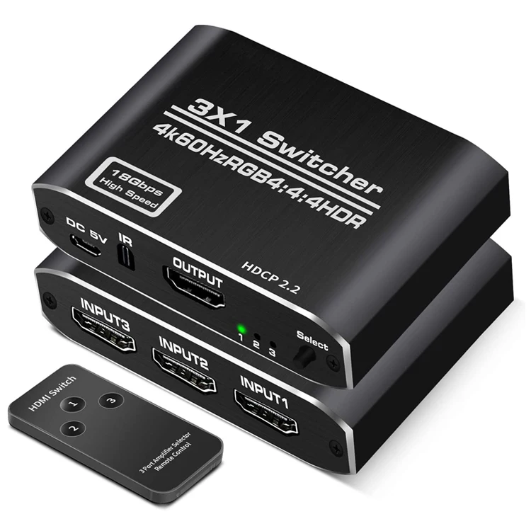 4K HDR HDMI Switch, 3 Ports HDMI 2.0 Switcher Selector with IR Remote Control, Supports HDCP 2.2