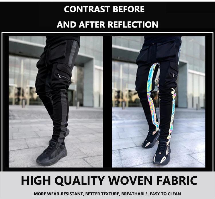 
2021 Hip Hop Night Running Mens Casual Trousers Fitness Stacked Reflective Jogger Track Pants With Pockets 