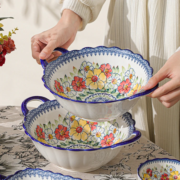 Customized luxury blue floral decorative serving food porcelain noodle soup rice bowls sets ceramic bowl with handles