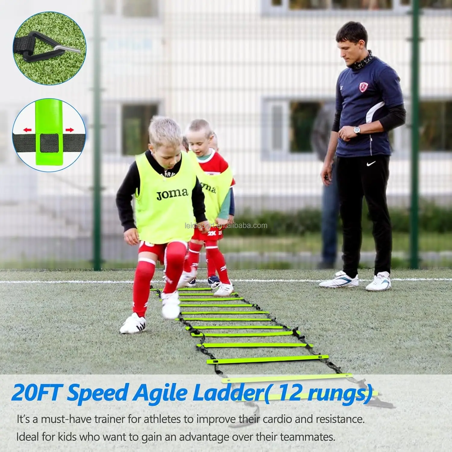 The agile training equipment includes a 20 foot agile ladder and four adjustable agile obstacle soccer cone parachutes,
