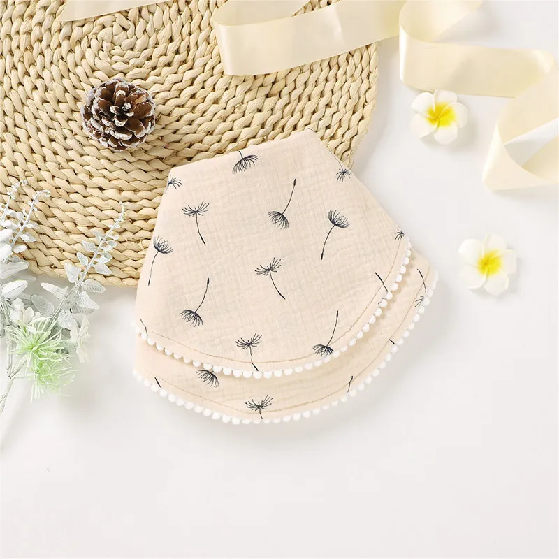Wholesale Woven Muslin Plain Pom Trim Baby Bibs Organic Cotton