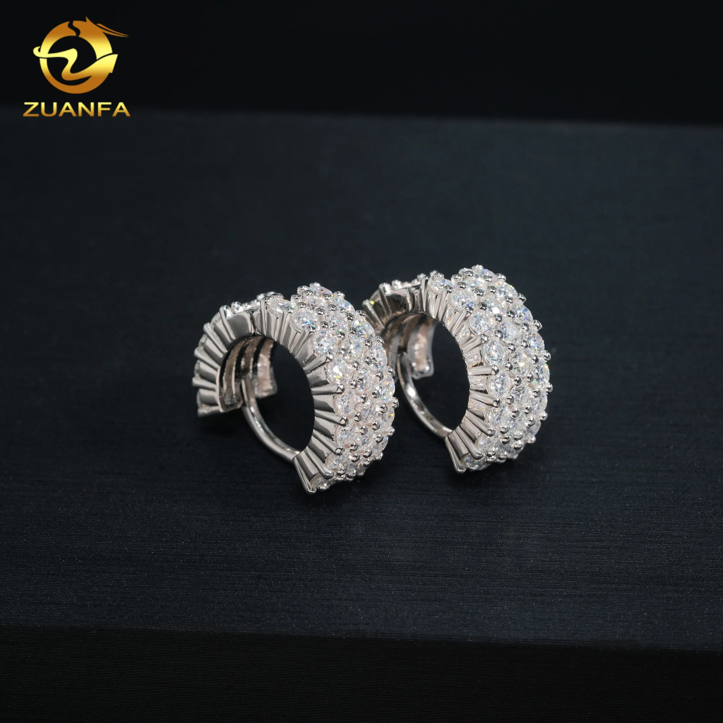 3 Rows Moissanite Diamond Earrings Fashion Silver Jewelry Hip Hop Hoop Earrings For Men Women