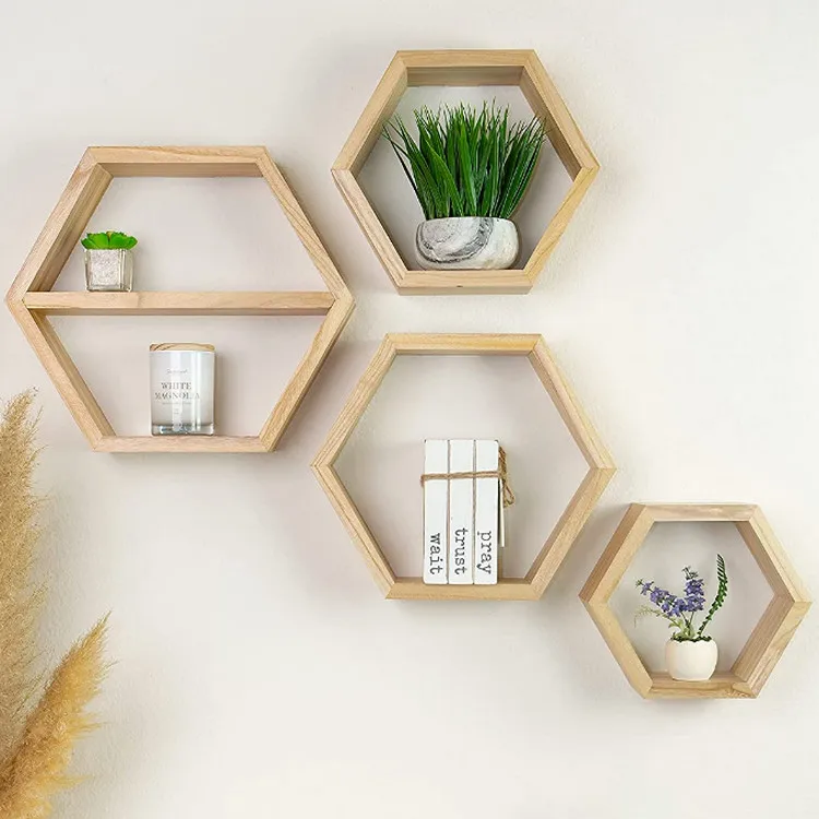 Best selling nature wood sturdy Wall Hanging Honeycomb Decor hexagon shelves