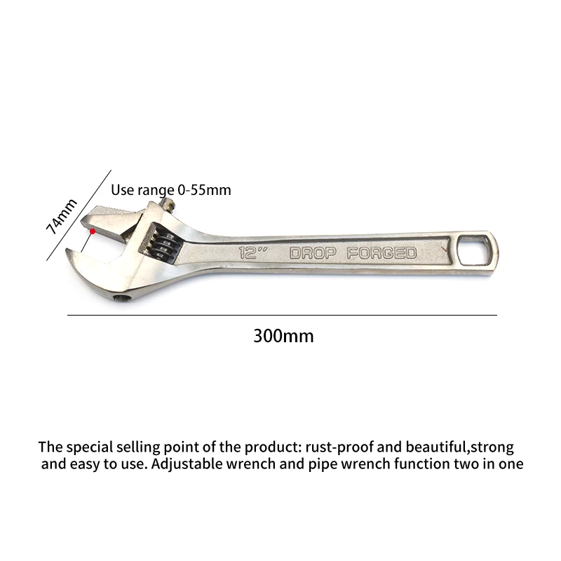 Factory price 300mm adjustable wrench Stainless Steel wrench sizes functions of pipe wrench
