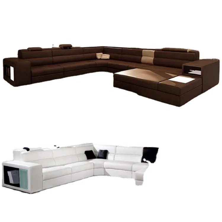 Luxury Design U Shaped Genuine Leather Wooden Modern Sofa Set With Headrest Waist-Rest