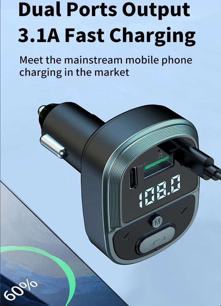 New Bluetooth 5.4 Car FM Transmitter PD Type-C Dual USB Fast Charger Car Adapter Handsfree Radio Modulator MP3 Player
