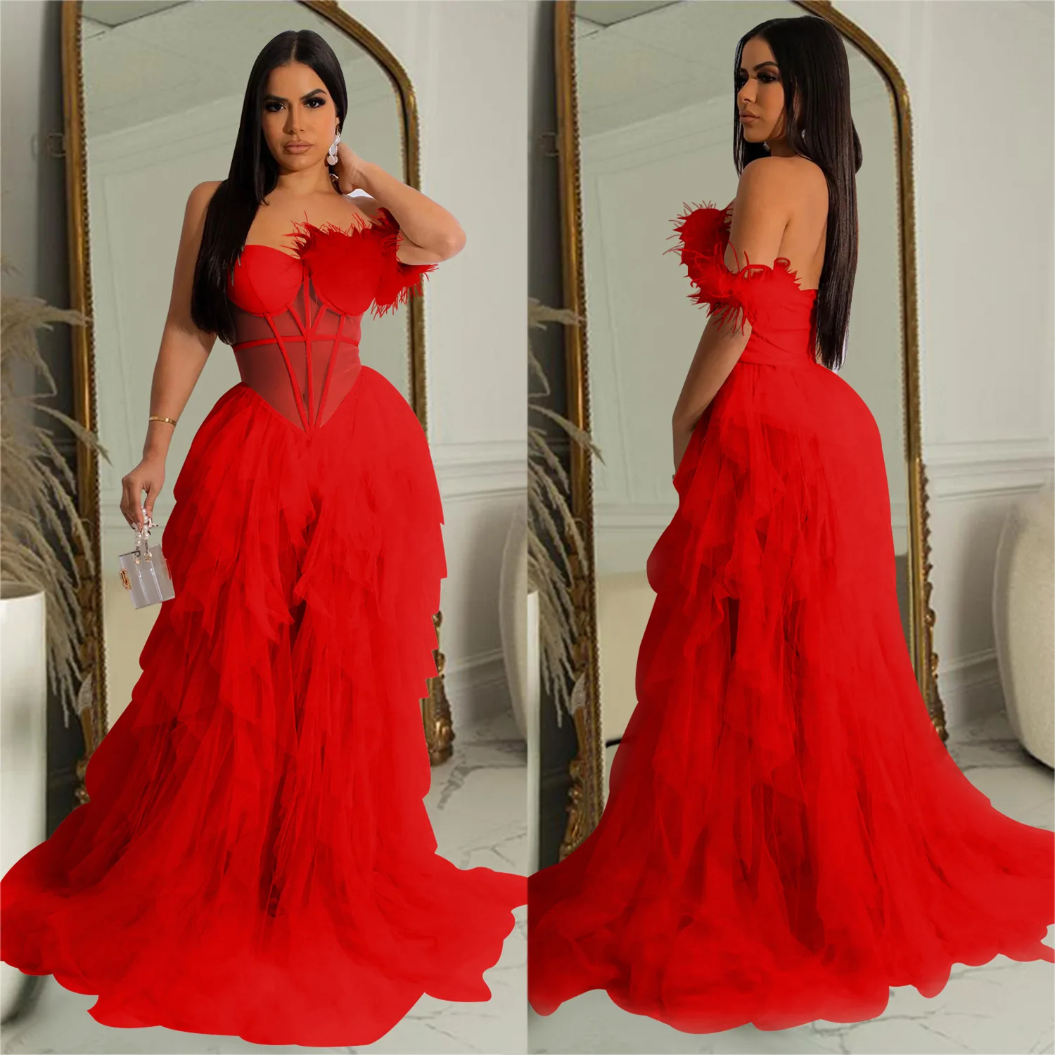 Strapless Corset Mesh Dress Party Gowns Elegant Lady Beautiful Sleeveless Evening Dresses