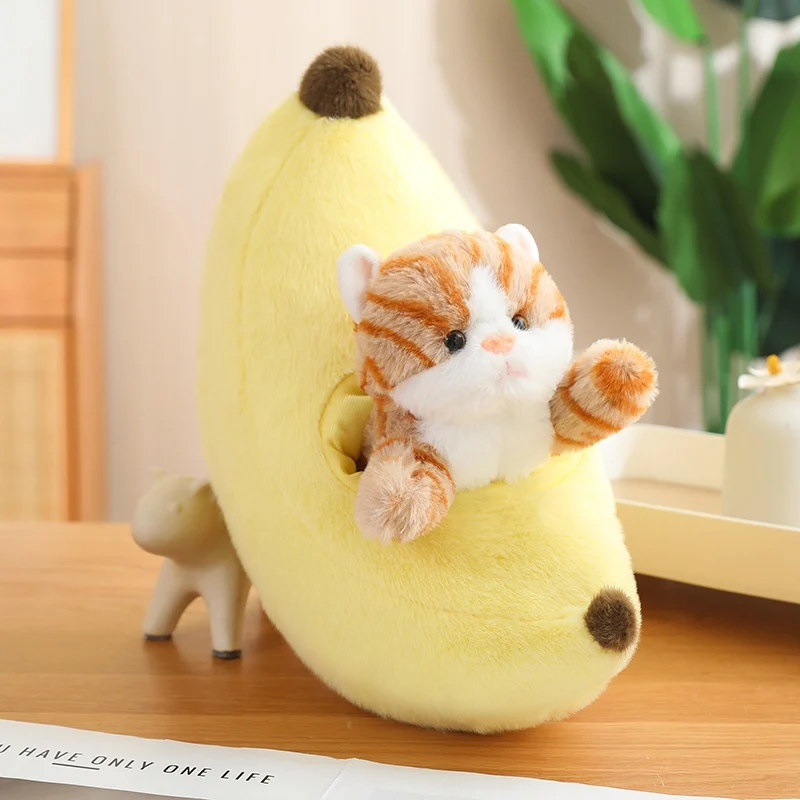 Wholesale cartoon fruit cat stuffed doll strawberry nest cat plush toy banana nest cat plush doll
