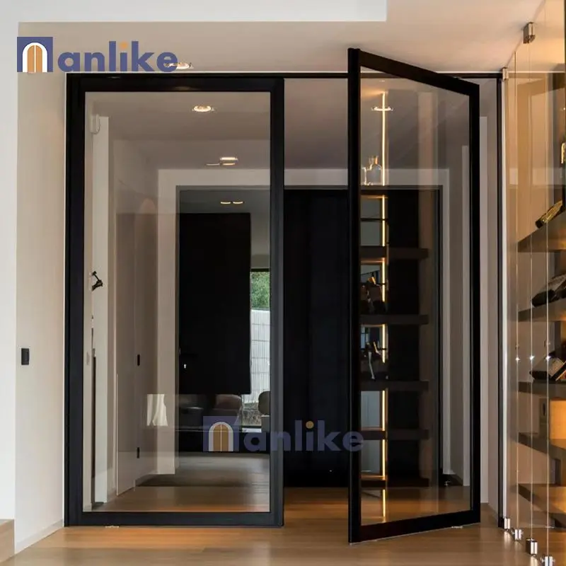 Anlike Modern Tr-Panel Commercial Swing Tempered Golden Glass Interior Storefront Aluminum Pivot Hinge Door