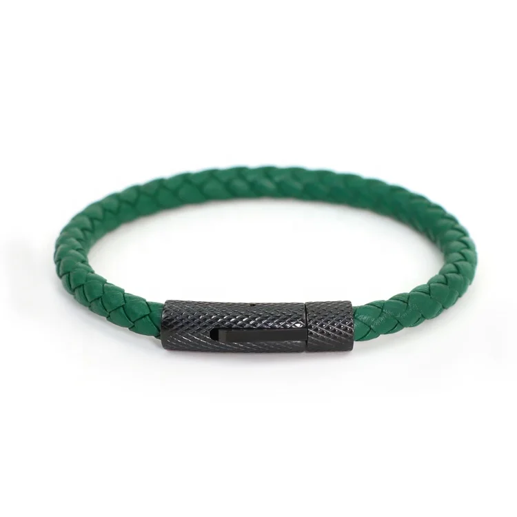 Fashion Simple Men Leather Bracelet 6mm Dark Green Leather Bracelet Stainless Steel Buckle Leather Wrap Bracelet for Boy Gift