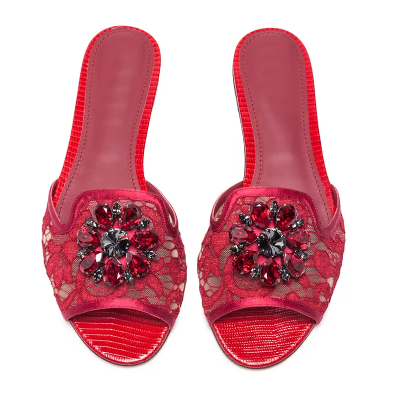 Retro Style Lady`s Luxury Casual Sandals Famous Brand Rhinestone Lace Upper Hollow Luxury Women Flat Pump Slide Slipper