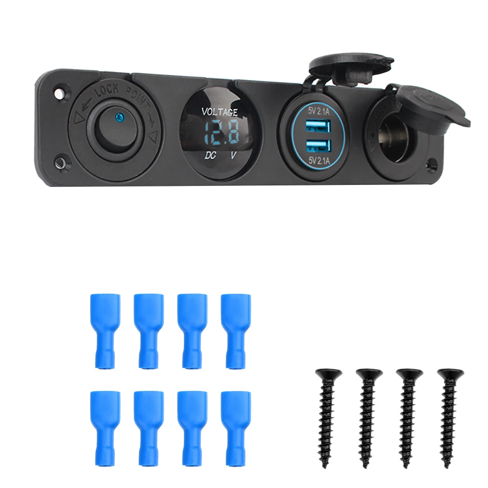 Red LED 4 In 1 Car Cigarette Lighter 12V Power Socket Dual USB Power Charger With Rocker Switch Interior Parts