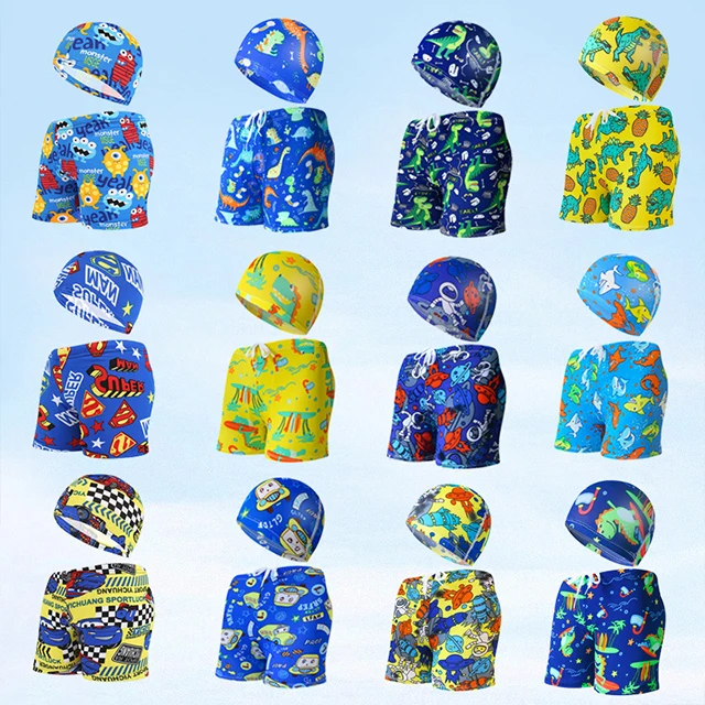 Stylish Flat Corner Beach vacation Hot Spring Summer Kids swim shorts Swim cap Boys cartoon printed swim shorts set