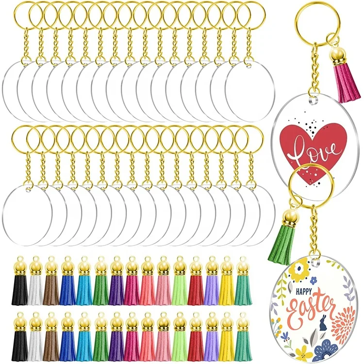 120 Pcs 2 Inch DIY Keepsake Double Sided Transparent Blank Circle Disc Gold Acrylic Keychain Sets