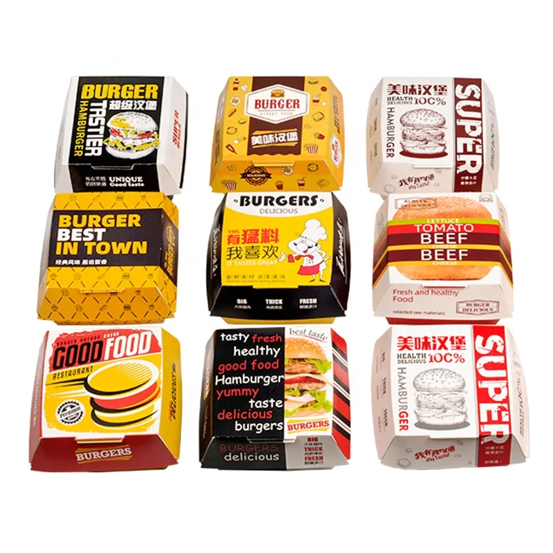 Wholesale Customization Printing Design Hamburger Takeaway Food Paper Packaging Disposable Art Paperboard Burger Boxes