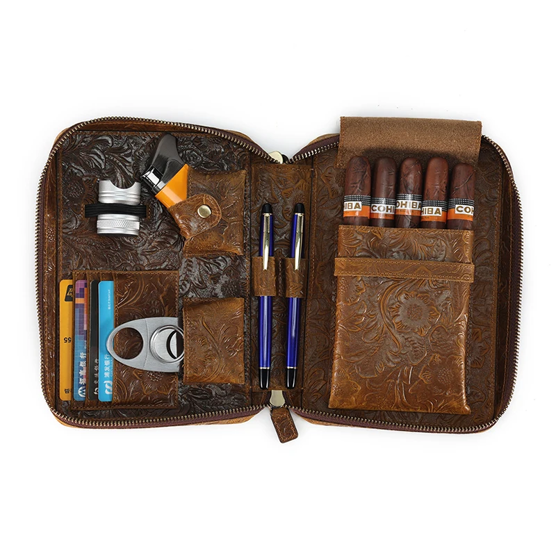 JOGUJOS Handmade Cigar Storage Humidors Box Vintage Cowhide Leather Cigar 5 Fingers Holder Case Travel