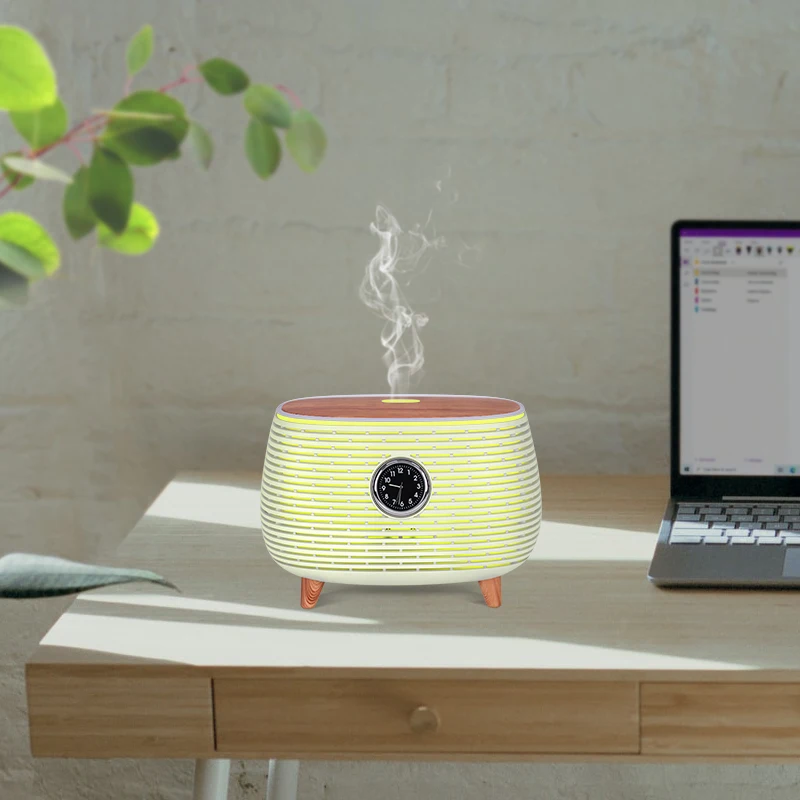 400ML Portable Smart Cool Mist Music Humidifier Aromatherapy Essential Oil Wooden Grain Diffusers with Music Speaker and Clock