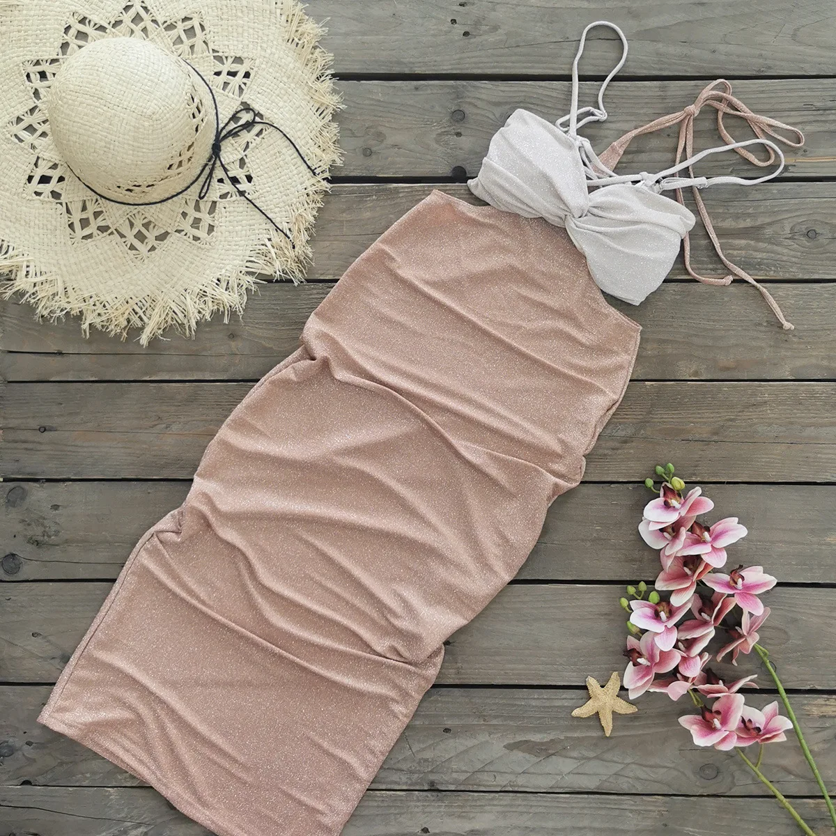 Bestwayclox 2024 Sexy Solid Bikini Sets Shinny Fabric Bohemian Dresses Two Pieces Sets for Women Backless Halter Beachwear Swim