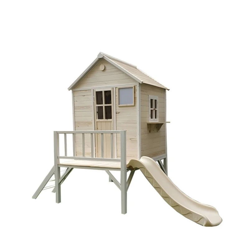 Outdoor Backyard Wooden Play Home with Slide  for Kids Playing