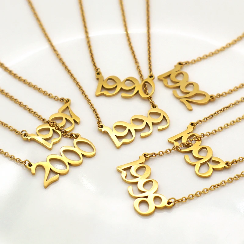 1990-2000 birth year 14K gold  Stainless Steel Chain Arabic Number charm Pendant Necklace